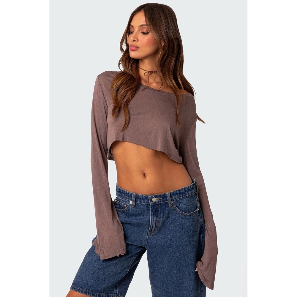 Edikted Womens Sheer Raw Hem Brown Flare Sleeve Crop Top Size M